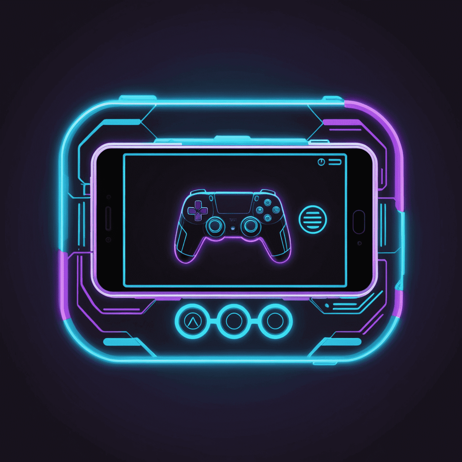 AveloDevMobile logo - Een futuristisch logo met neon paarse en cyaan kleuren, met een gestileerde mobiele telefoon en een gamecontroller