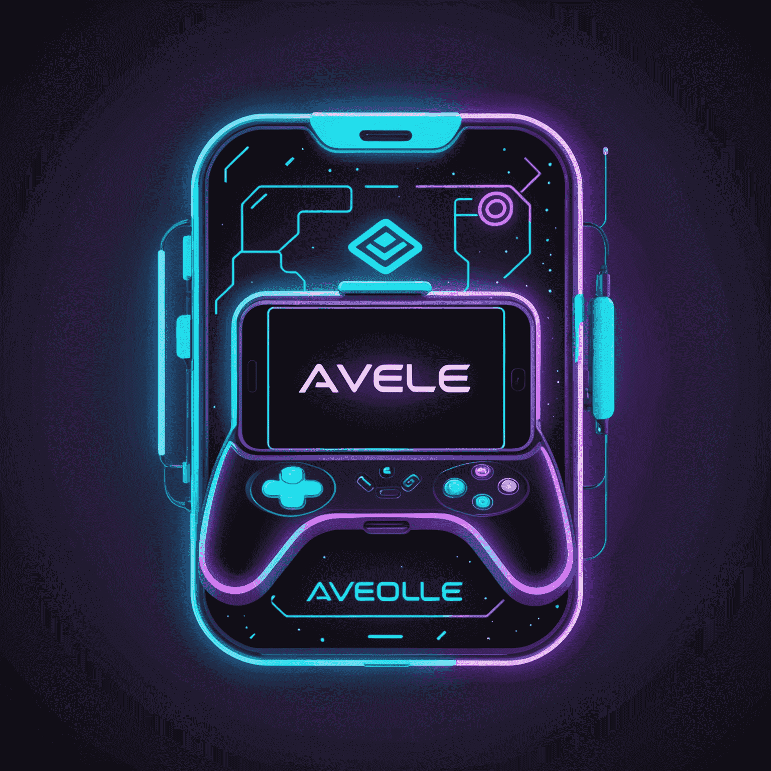 AveloDevMobile logo - Een futuristisch logo met neon paarse en cyaan kleuren, met een gestileerde mobiele telefoon en een gamecontroller