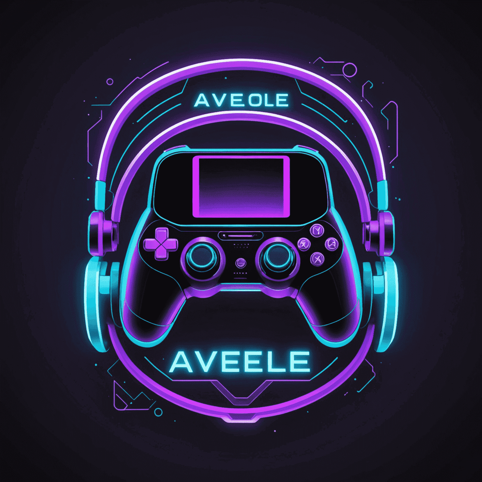 AveloDevMobile logo - Een futuristisch logo met neon paarse en cyaan kleuren, met een gestileerde mobiele telefoon en een gamecontroller