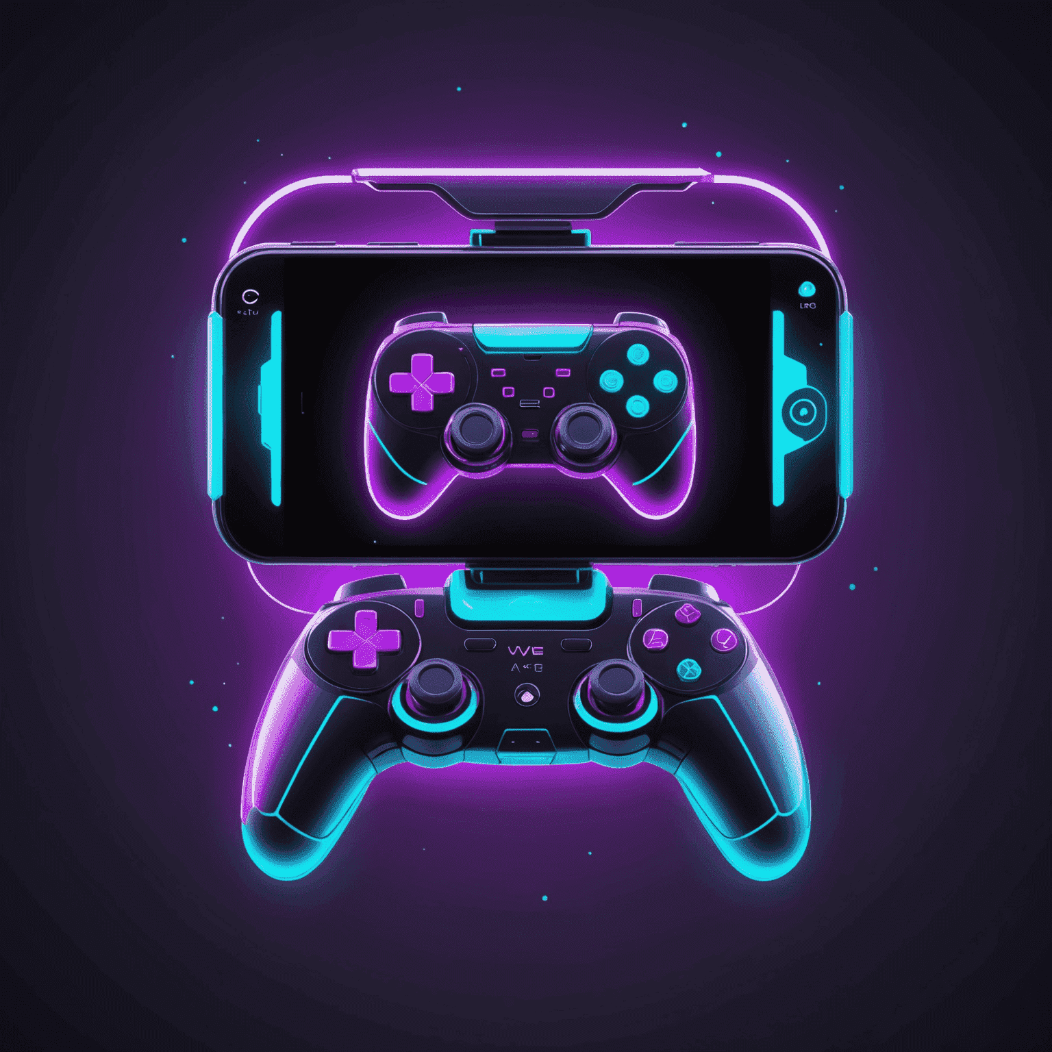 AveloDevMobile logo - Een futuristisch logo met neon paarse en cyaan kleuren, met een gestileerde mobiele telefoon en een gamecontroller
