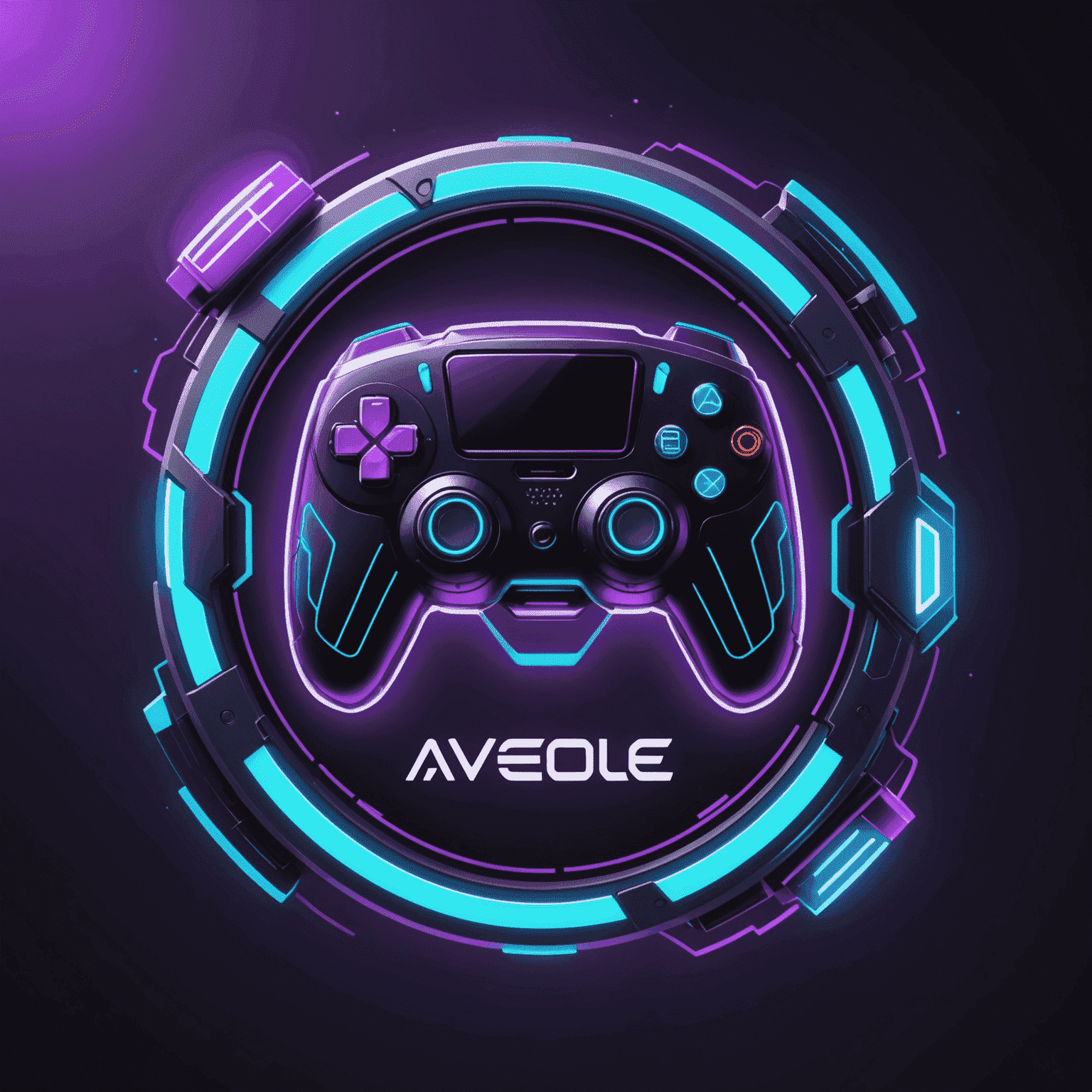AveloDevMobile logo - Een futuristisch logo met neon paarse en cyaan kleuren, met een gestileerde mobiele telefoon en een gamecontroller