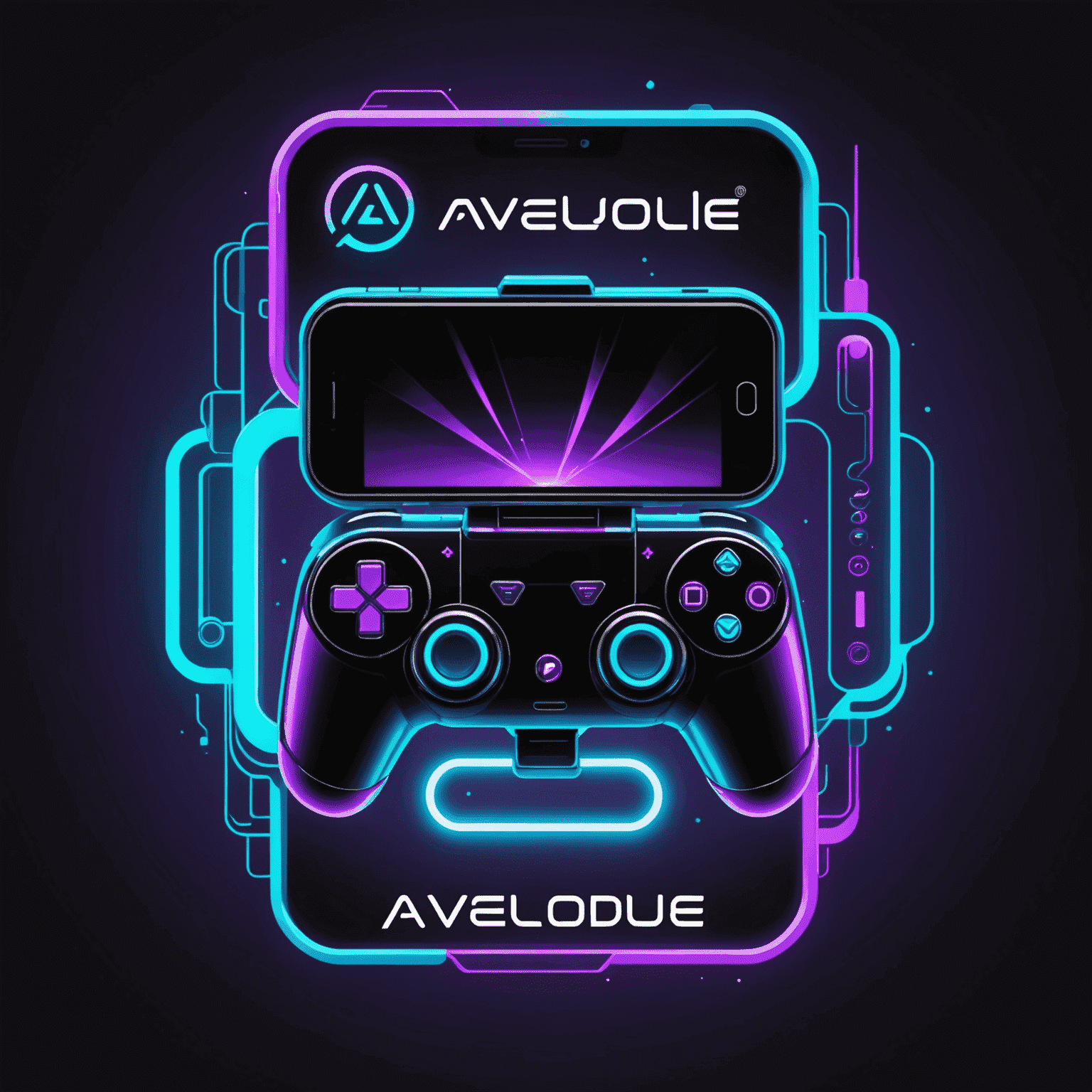 AveloDevMobile logo - Een futuristisch logo met neon paarse en cyaan kleuren, met een gestileerde mobiele telefoon en een gamecontroller
