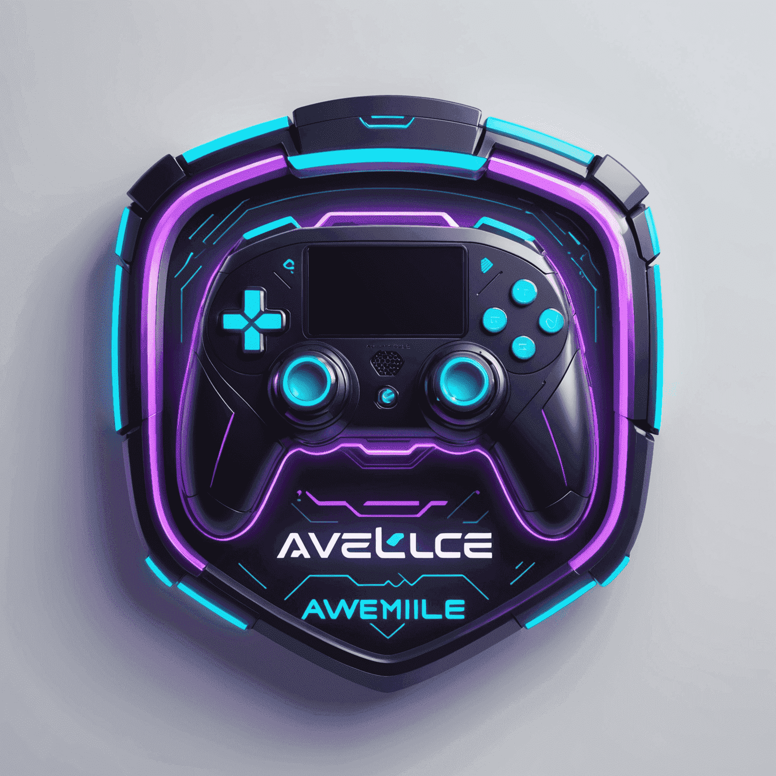 AveloDevMobile logo - Een futuristisch logo met neon paarse en cyaan kleuren, met een gestileerde mobiele telefoon en een gamecontroller