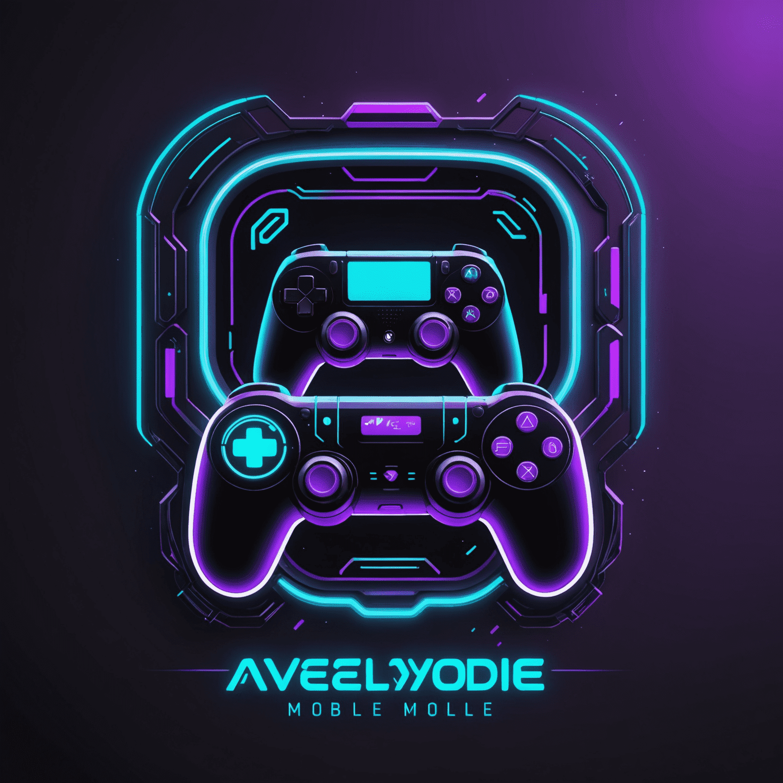 AveloDevMobile logo - Een futuristisch logo met neon paarse en cyaan kleuren, met een gestileerde mobiele telefoon en een gamecontroller