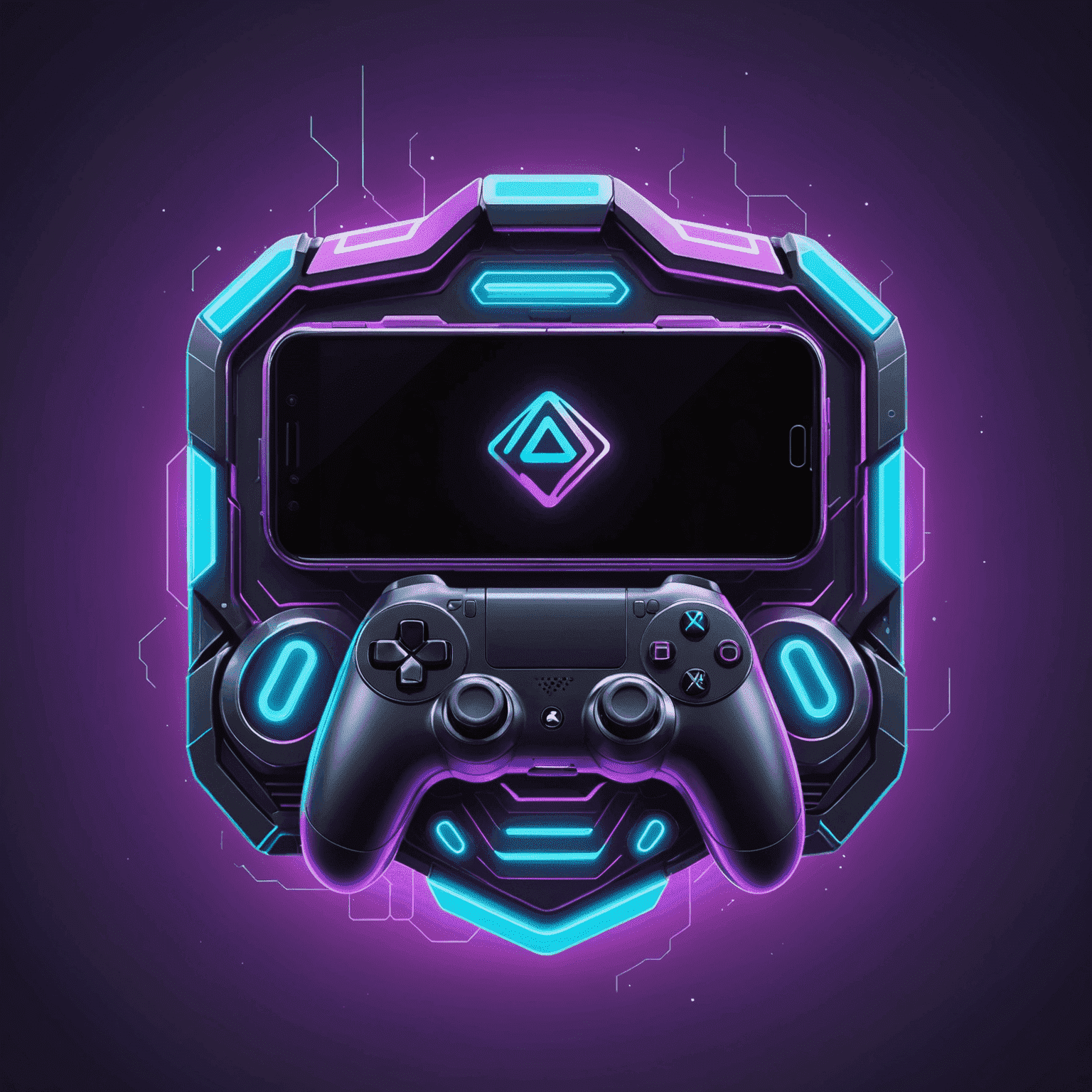 AveloDevMobile logo - Een futuristisch logo met neon paarse en cyaan kleuren, met een gestileerde mobiele telefoon en een gamecontroller