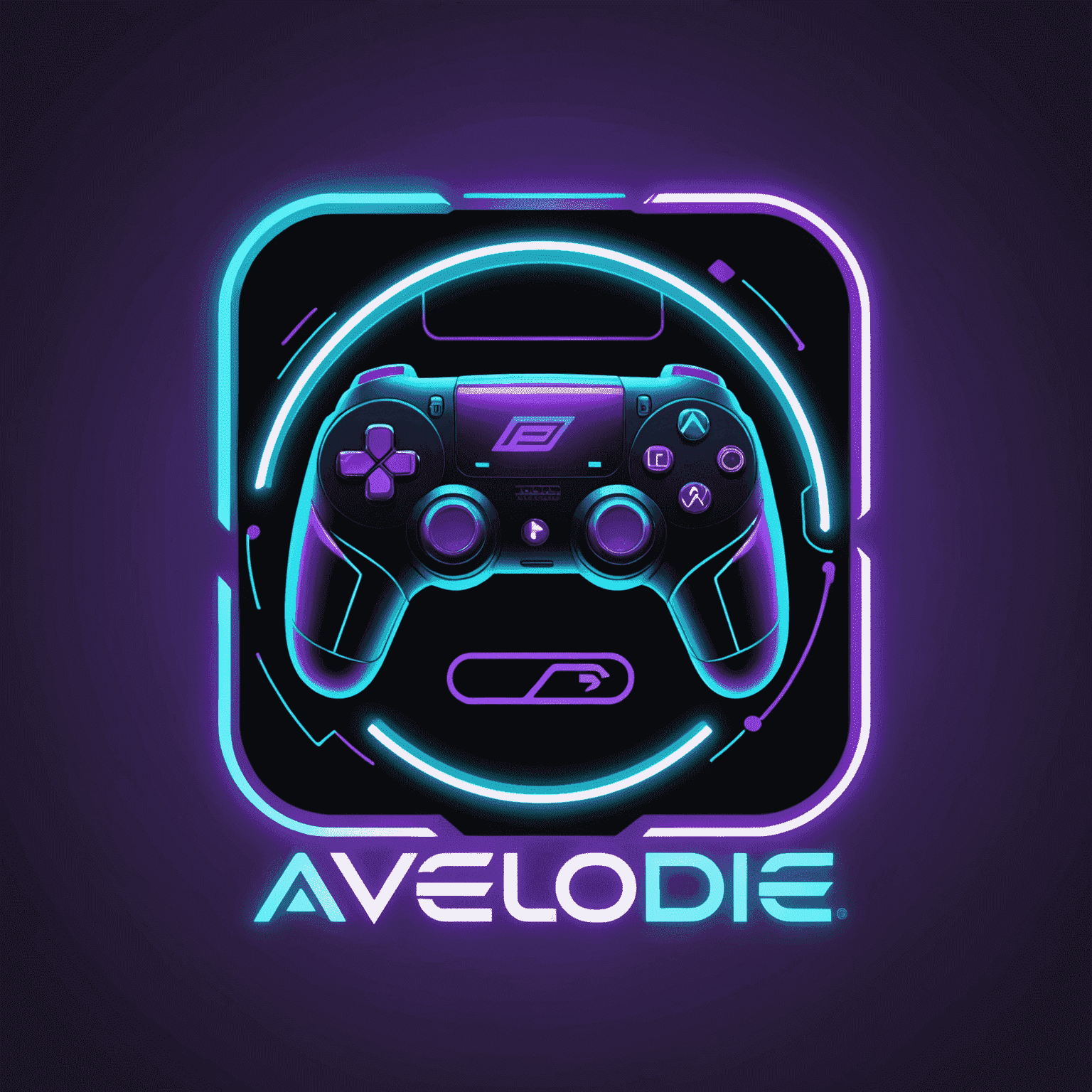 AveloDevMobile logo - Een futuristisch logo met neon paarse en cyaan kleuren, met een gestileerde mobiele telefoon en een gamecontroller