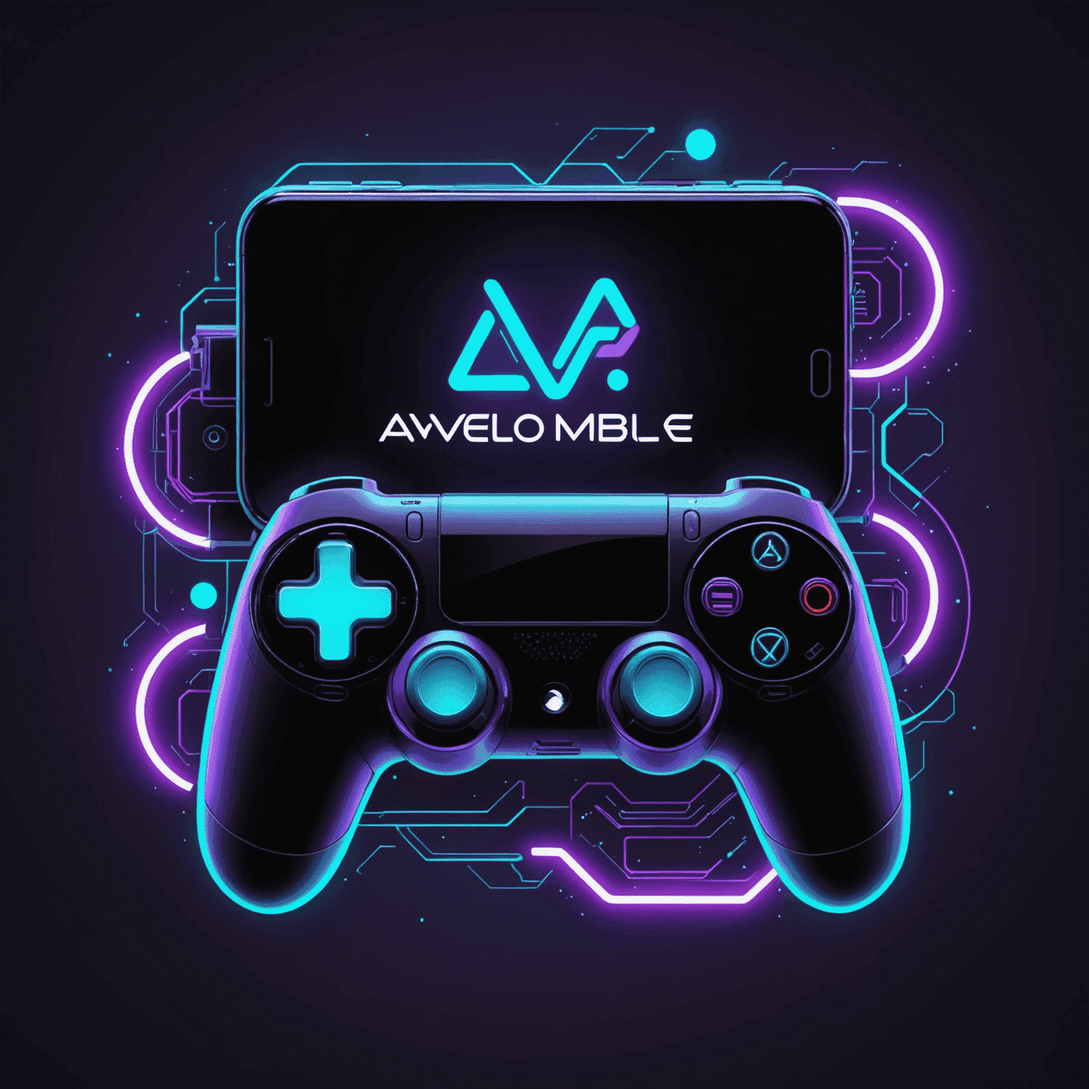 AveloDevMobile logo - Een futuristisch logo met neon paarse en cyaan kleuren, met een gestileerde mobiele telefoon en een gamecontroller
