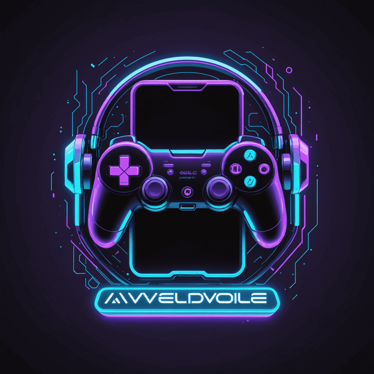 AveloDevMobile logo - Een futuristisch logo met neon paarse en cyaan kleuren, met een gestileerde mobiele telefoon en een gamecontroller