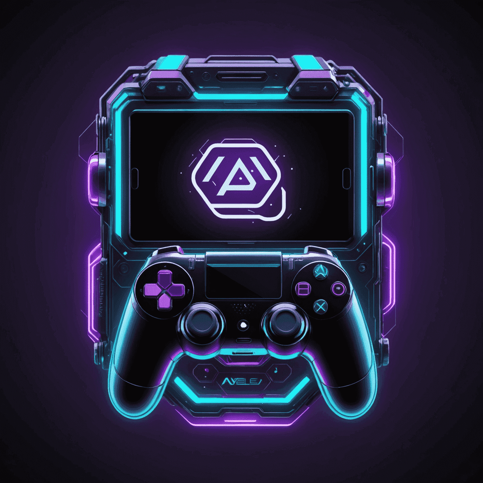 AveloDevMobile logo - Een futuristisch logo met neon paarse en cyaan kleuren, met een gestileerde mobiele telefoon en een gamecontroller