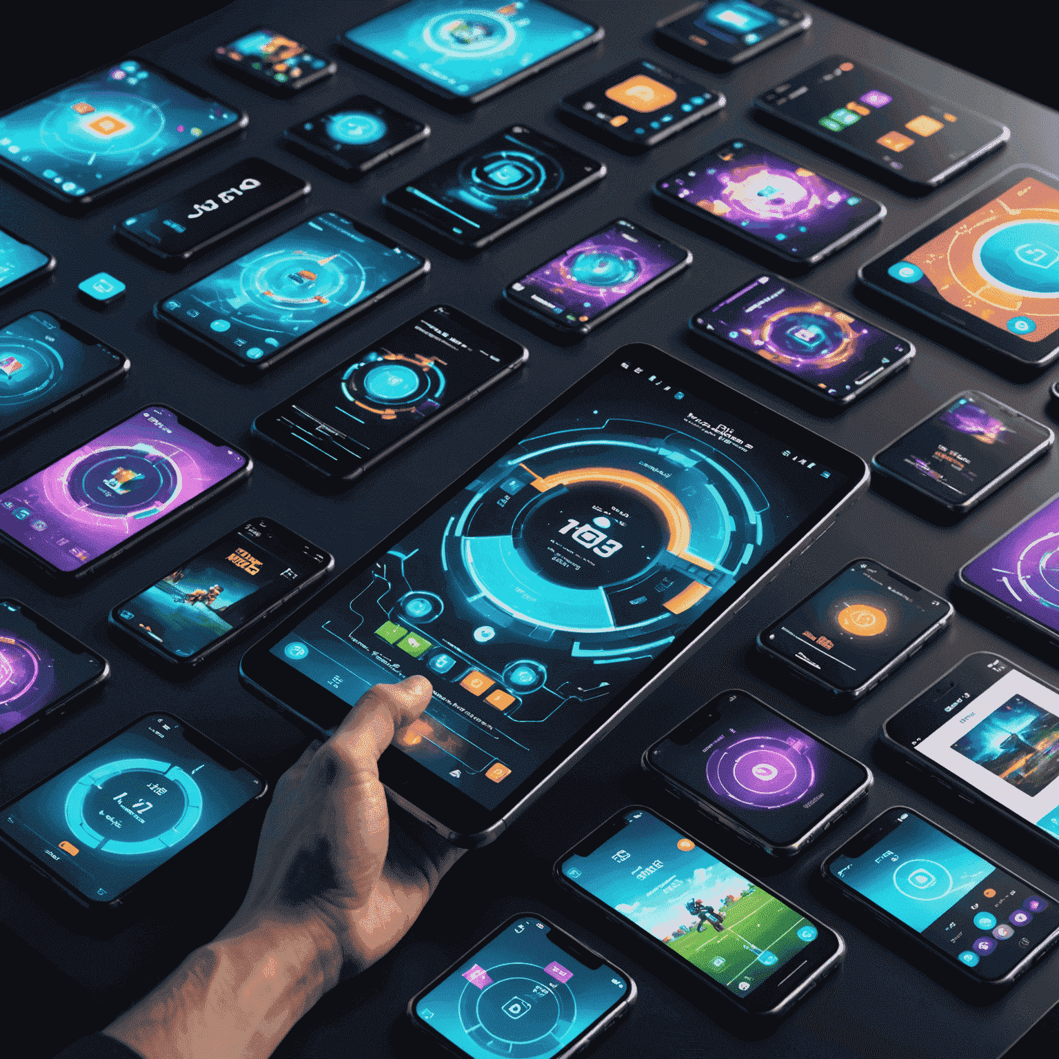 Een futuristische afbeelding met verschillende mobiele apparaten die populaire games tonen, omringd door holografische interfaces en neon-gekleurde statistieken die de nieuwste trends in mobiel gamen illustreren.