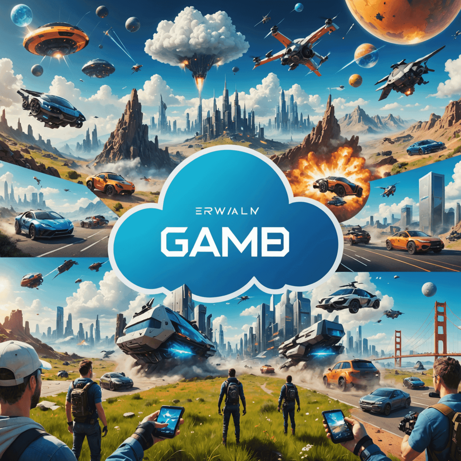 Een futuristische collage van verschillende mobiele games, waaronder augmented reality, cloud gaming, en hyper-casual games