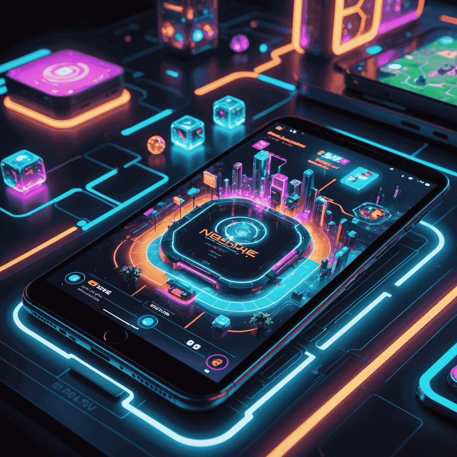 Een futuristische afbeelding van een mobiel apparaat met een holografisch scherm dat een nieuw spel toont. Het scherm vertoont levendige, neon-gekleurde spelkarakters en een dynamische spelwereld met zwevende eilanden en energiestromen.