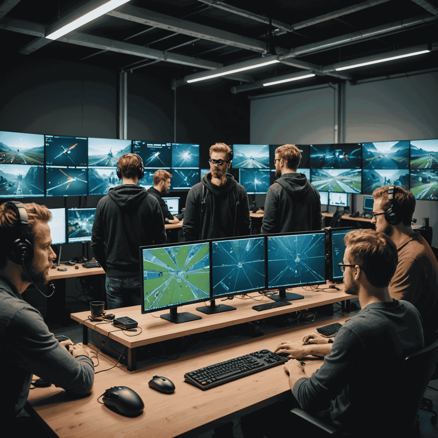 Een groep Nederlandse game-ontwikkelaars werkt samen aan een project in een moderne studio, omringd door schermen met kleurrijke game-graphics en code