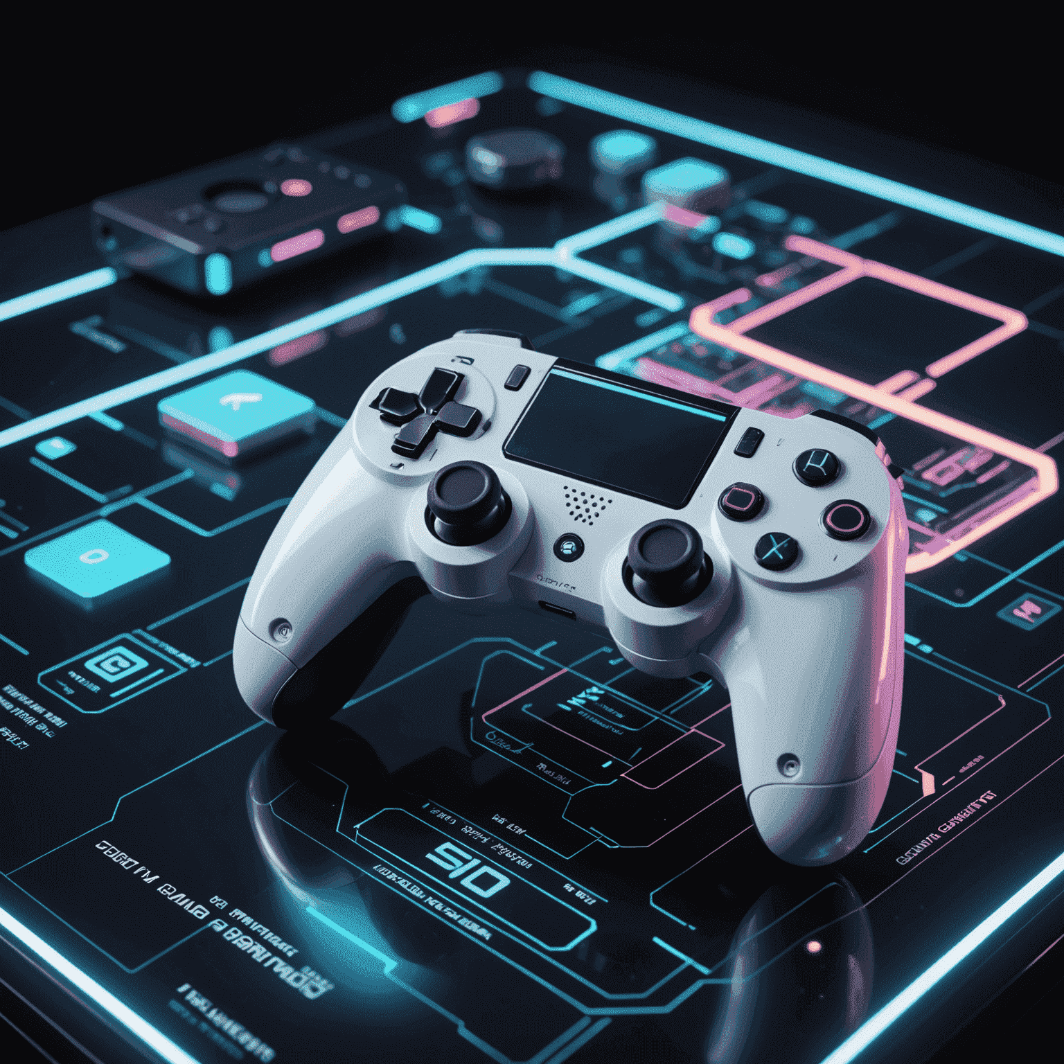 Een futuristische gamecontroller zwevend boven een holografisch scherm met codefragmenten en 3D-gameobjecten eromheen.