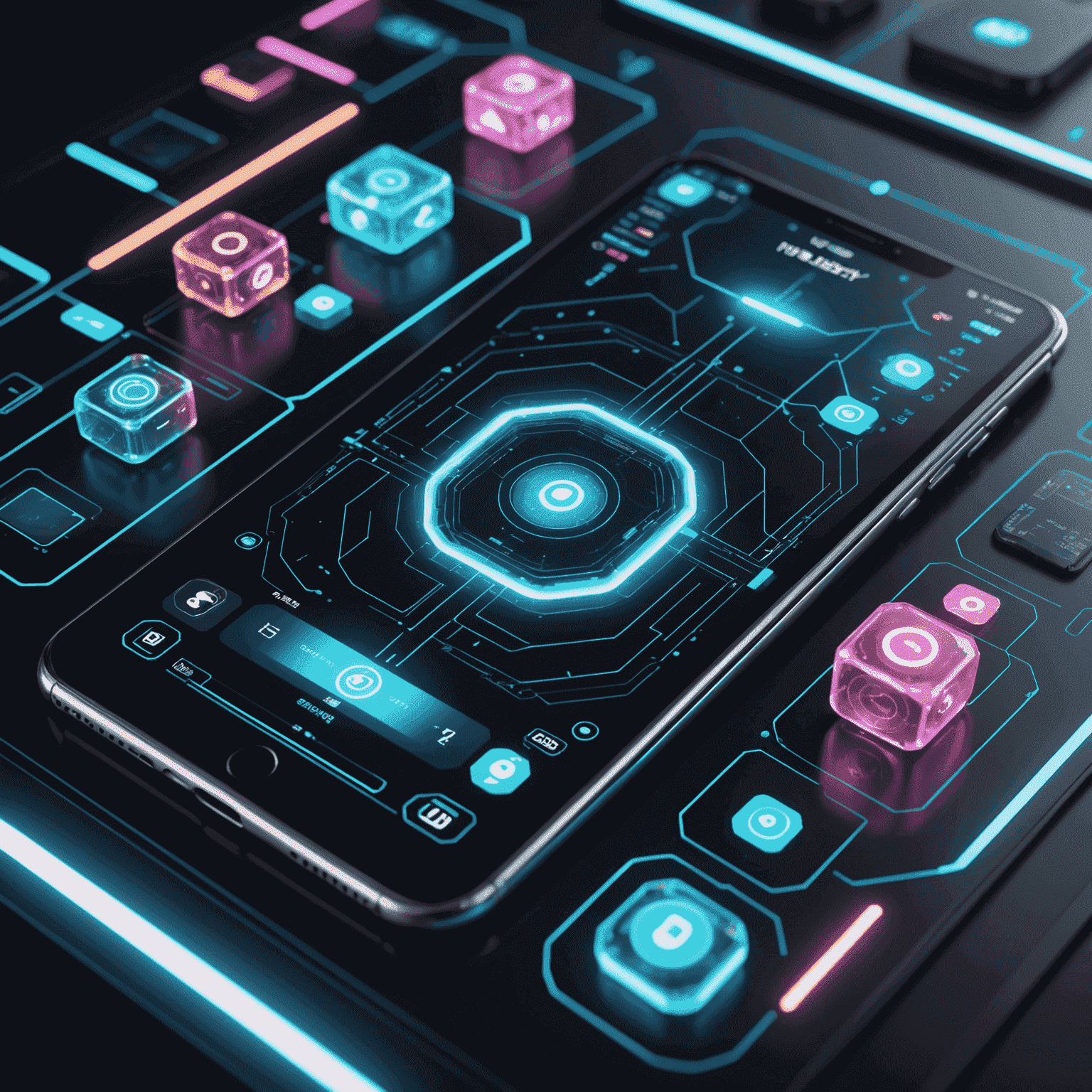 Een futuristische afbeelding van een iOS-apparaat met een 3D-game-interface, omringd door holografische projecties van game-elementen en code