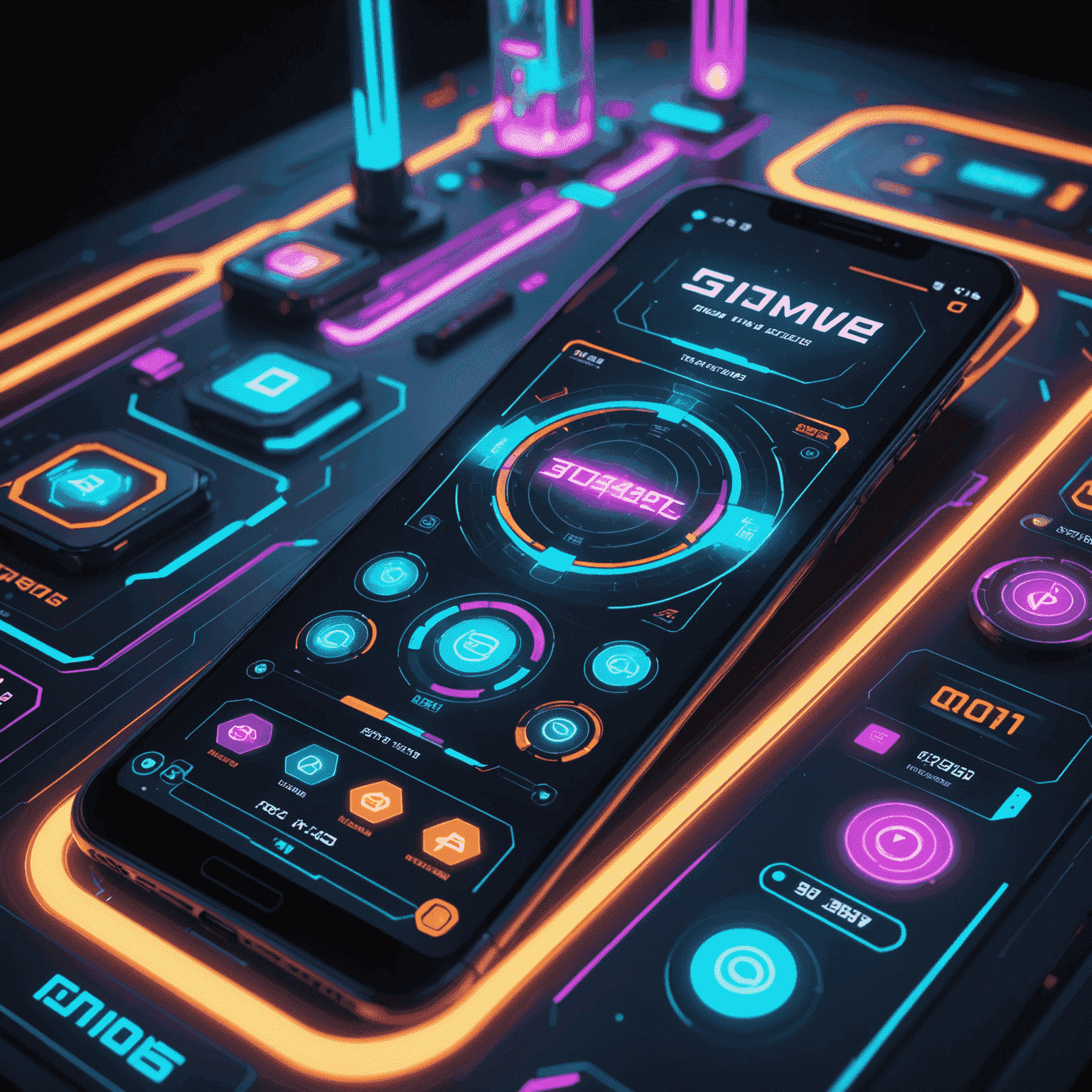 Een futuristisch 3D-render van een mobiele game-interface met holografische elementen, zwevende menu's en levendige neonkleuren. De interface toont een mix van spelstatistieken, karakteraanpassingsopties en een dynamische spelwereld op de achtergrond.