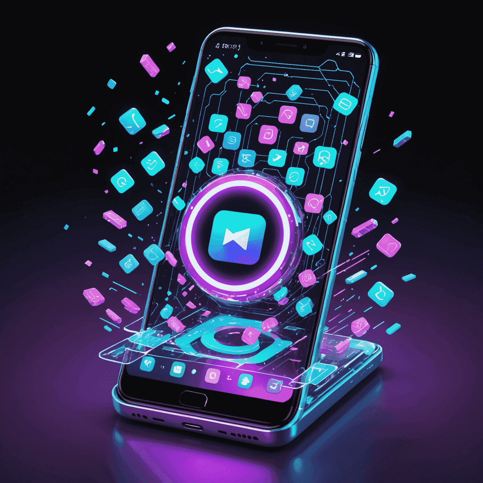 Een futuristische afbeelding van een smartphone die zowel het iOS- als Android-logo toont, omringd door holografische game-elementen en zwevende code-fragmenten. De smartphone straalt een neon gloed uit in de kleuren paars en cyaan.