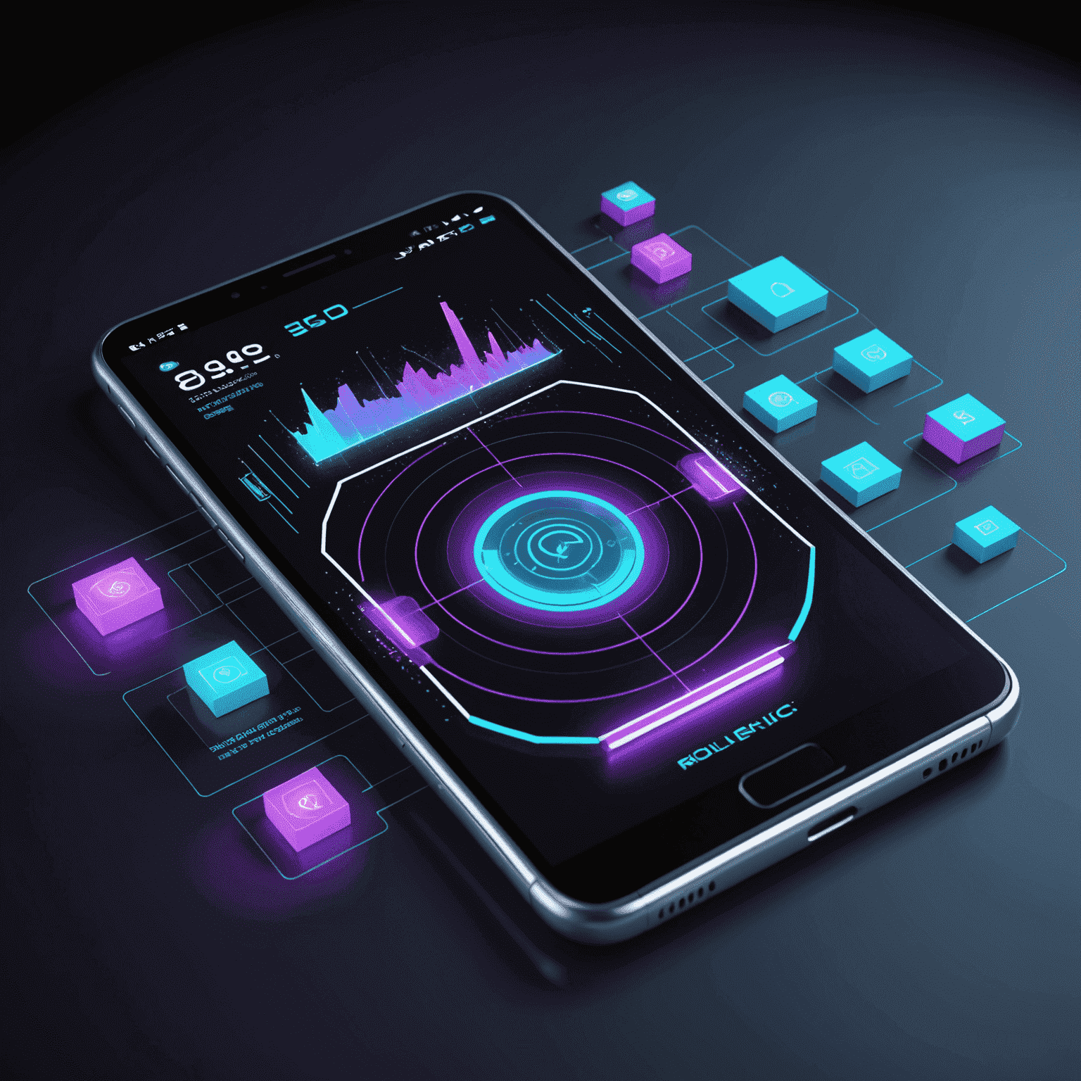 Een futuristische afbeelding die game optimalisatie visualiseert. Het toont een 3D-weergave van een mobiel apparaat met holografische grafieken en prestatiestatistieken die eromheen zweven. De afbeelding straalt een neon gloed uit in de kleuren paars en cyaan, wat de geavanceerde technologie en verbeterde prestaties symboliseert.