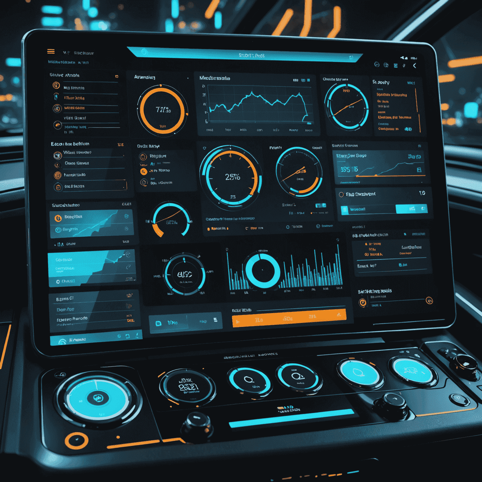 Een futuristisch dashboard dat verschillende aspecten van game-ondersteuning toont, zoals prestatiegrafieken, bug-trackingsysteem en een updateplanner. Het beeld straalt een high-tech, neon-verlichte sfeer uit die past bij de stijl van AveloDevMobile.