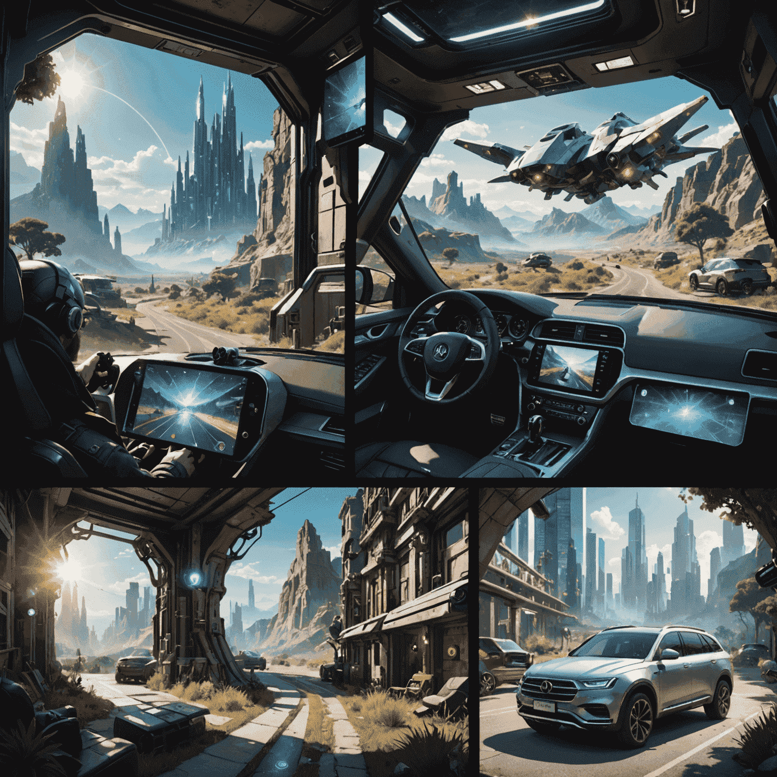 Een opwindende collage van schermafbeeldingen en concept art van AveloDevMobile's nieuwste iOS en Android game project, met holografische overlays die de innovatieve functies benadrukken.