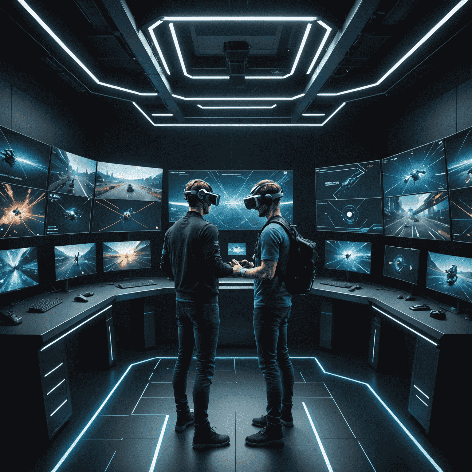 Futuristische visualisatie van de Nederlandse game-industrie, met holografische displays die innovatieve game-concepten tonen en ontwikkelaars die geavanceerde VR-technologie gebruiken