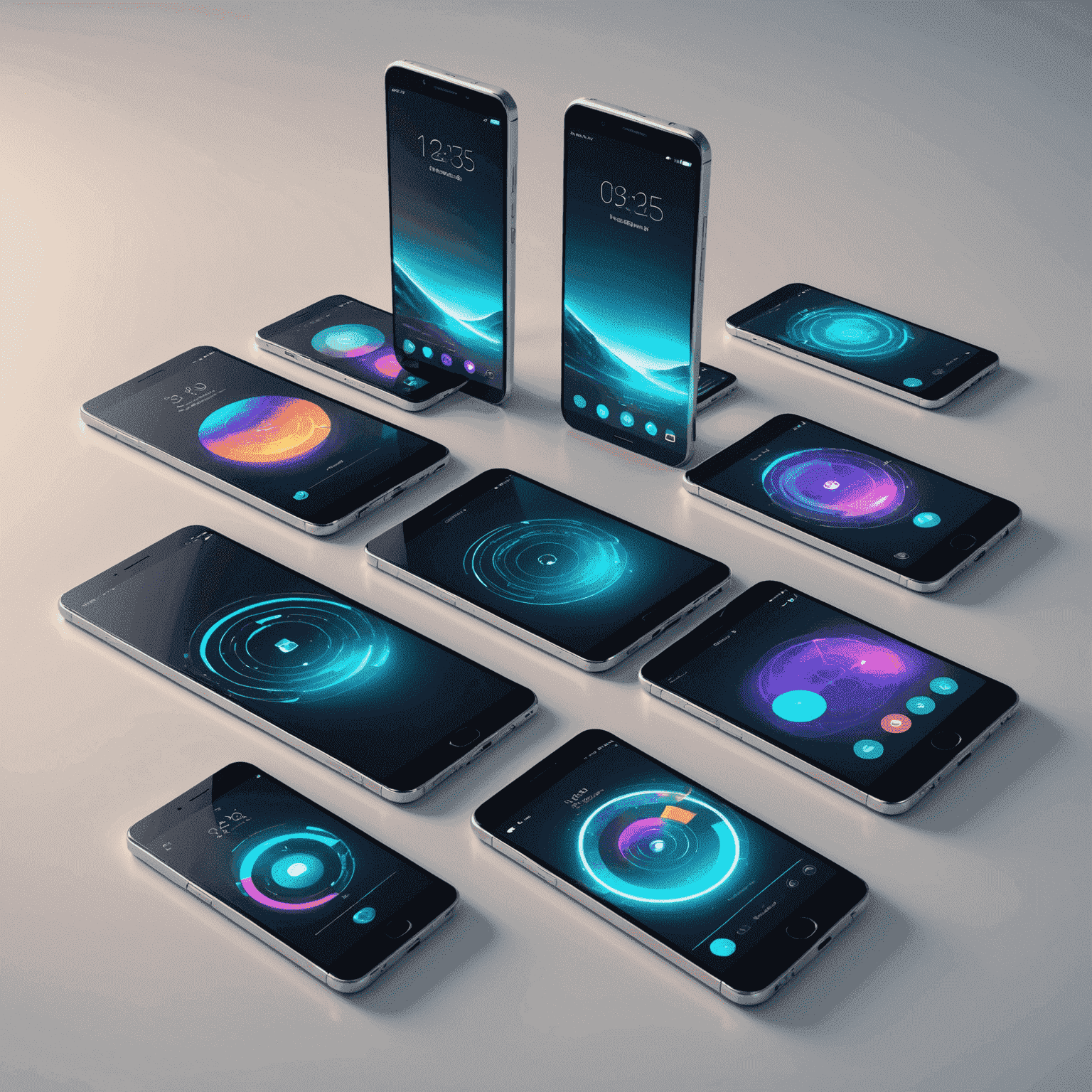 Een reeks futuristische mobiele apparaten met gloeiende, holografische UI-ontwerpen die uit de schermen zweven.