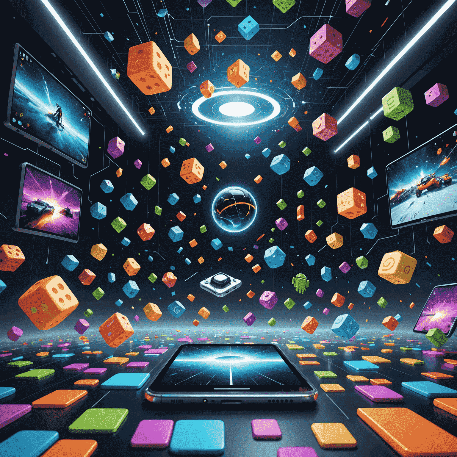 Een dynamische scène met Android-apparaten zwevend in een virtuele ruimte, omgeven door kleurrijke game-assets en programmeercode
