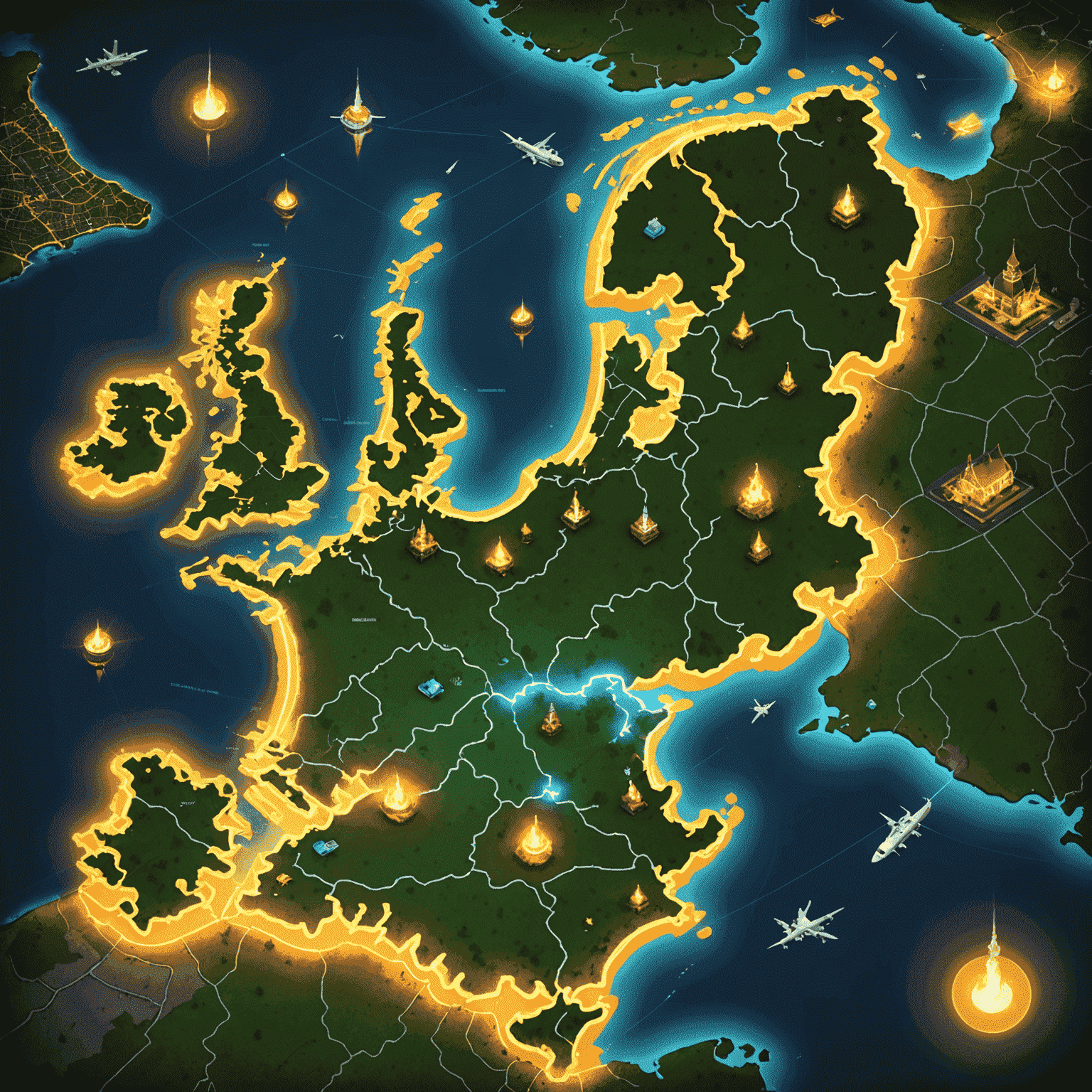 Een dynamische kaart van Nederland met gloeiende markeringen die belangrijke game-ontwikkelingscentra aangeven, omringd door iconische Nederlandse landmarks en gaming symbolen.