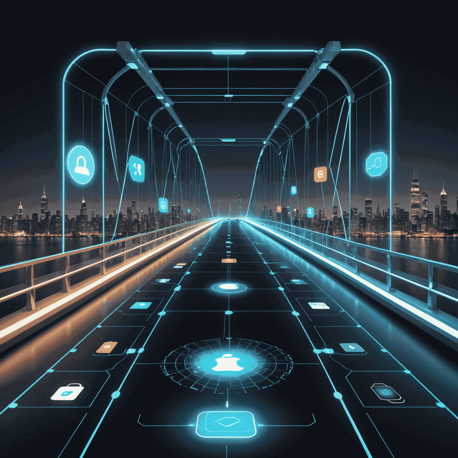 Een holografische brug die verschillende mobiele besturingssystemen verbindt, met gloeiende iconen van iOS en Android aan weerszijden.