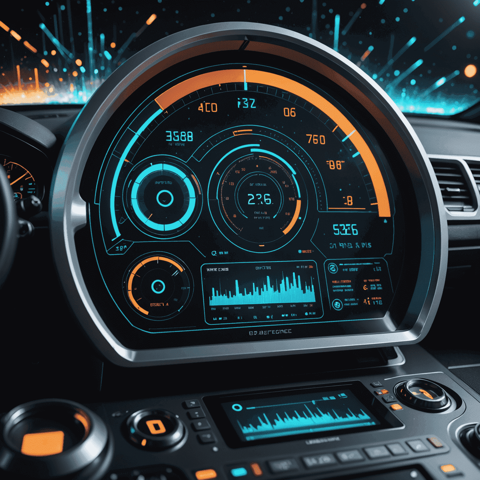 Een futuristische dashboard met holografische grafieken en meters die gameprestatiestatistieken tonen, omringd door gloeiende deeltjes.