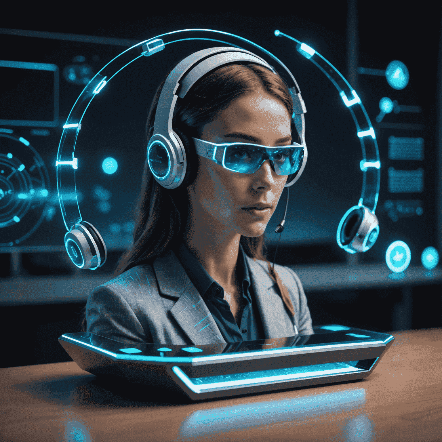 Een holografische helpdesk met zwevende ondersteuningsiconen en een gloeiende, futuristische headset die verbinding symboliseert.